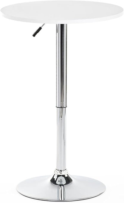 Displays2go Height Adjustable Bar Table, 23.5-inch Round Pub Table with 360-degree Rotation, Aluminum & MDF (White)