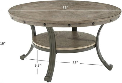 Pemberly Row Transitional Metal and Wood Round Coffee Table in Pewter
