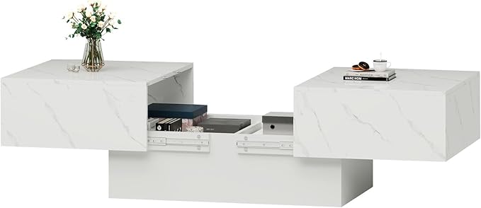 White Marble Coffee Table with Large Storage, Farmhouse Center Table for Living Room Mesas De Centro para Salas Modernas Nesting Modern Coffee Table for Reception Room