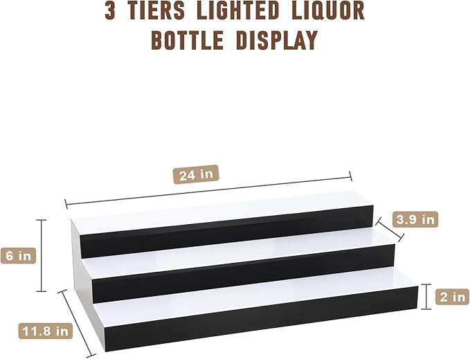 FAHKNS LED Lighted Liquor Bottle Display, 3 Tiers 24 Inch LED Liquor Shelves with RF Remote, Liquor Bottle Accessories Shelf for Home Bar, 16 Static Colors 4 Dynamic Mode