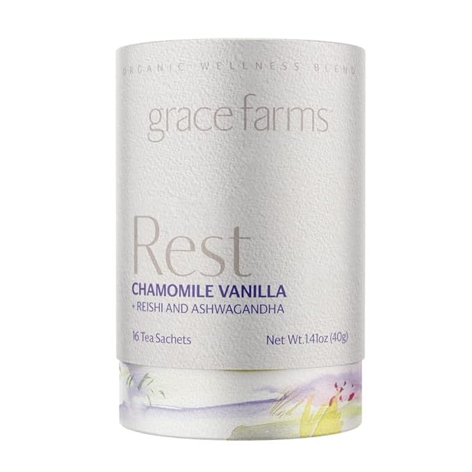 Grace Farms REST Wellness Organic Tea Blend (16 Pyramid Sachets) | Sleep and Stress Support For Evening | Chamomile Vanilla Tea with Adaptogenic Herbs and Mushrooms | Fairtrade and Kosher