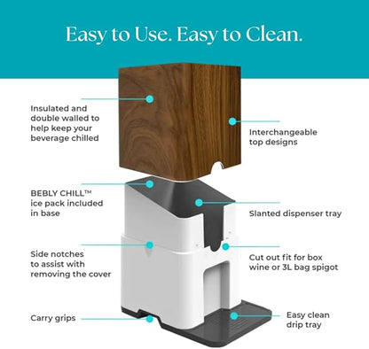 Bebly Box Drink Dispenser and Wine Dispenser | Walnut Design | Insulated - No Sweating - No Watered Down Drinks - Simple - Stylish - Mess Free Beverage Dispenser | Includes Freezable, Reusable 3L Bag