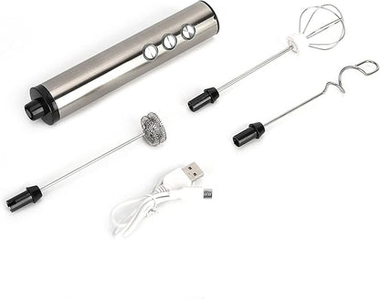 Stainless Steel Electric Milk Frother USB Charging Handheld Egg Beater for Kitchen Latte Art