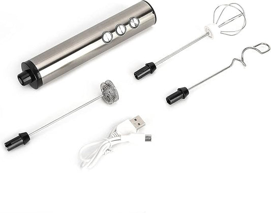 Stainless Steel Electric Milk Frother USB Charging Handheld Egg Beater for Kitchen Latte Art