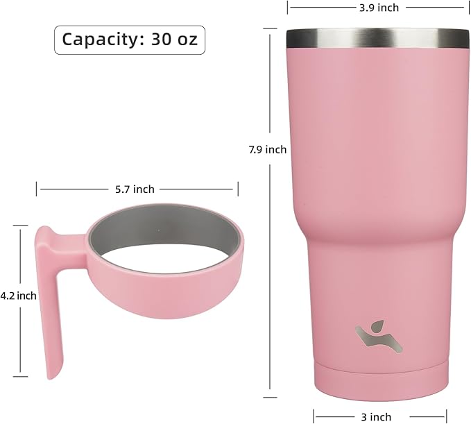 30 oz Tumbler with Handle and 2 Straw 2 Lid, Insulated Water Bottle Stainless Steel Vacuum Cup Reusable Travel Mug, Light Pink