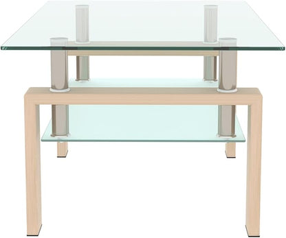 Glass Coffee Table Rectangle Living Room Center Table, 39inch Transparent Tempered Glass Tabletop and Beige Wood Grain Metal Legs, Beige + Clear Glass