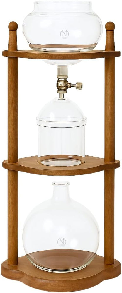 Nispira Cold Brew coffee Maker Ice Coffee Drip Machine with Advanced Slow Drip Technology Borosilicate Glass with Wood Tower, 6-8 Cup, Brown
