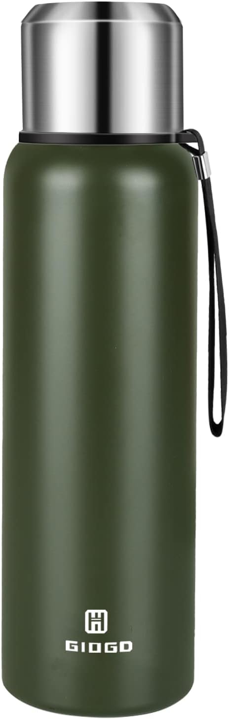 Insulated vacuum Thermo Bottle 1000ml/33.8oz with cup Stainless steel coffee bottles for hot and cold drink water flask.(Green,1000ml)