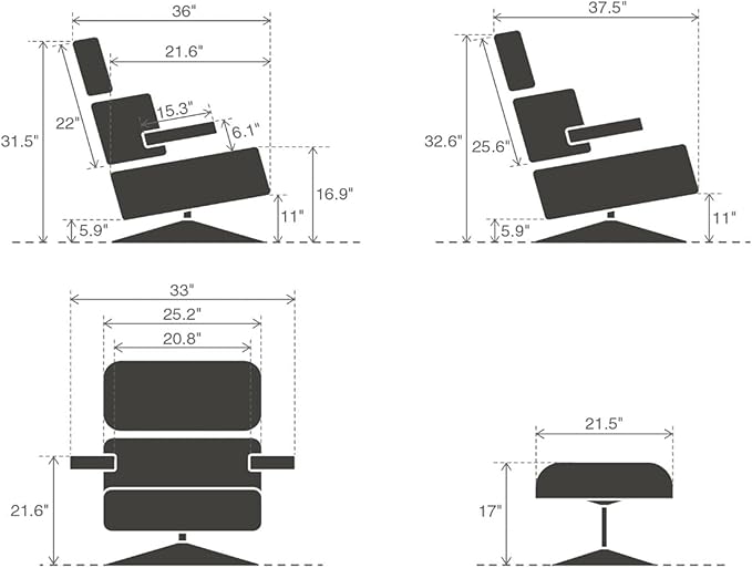 Premium Black Grain Leather, Mid Century Modern Chaise Lounge & Ottoman Set, Classic Design Chair, Heavy Duty Base Support for Living Room, Lounge, Office, Palisander Wood（Palisander-black, Upgraded)