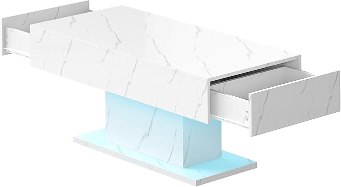 White Marble Led Coffee Table with 2 Storage Drawers for Living Room, Living Room Table Rectangular Center Table, Modern High Glossy Wooden Coffee Tables with Lights for Dining Reception Room
