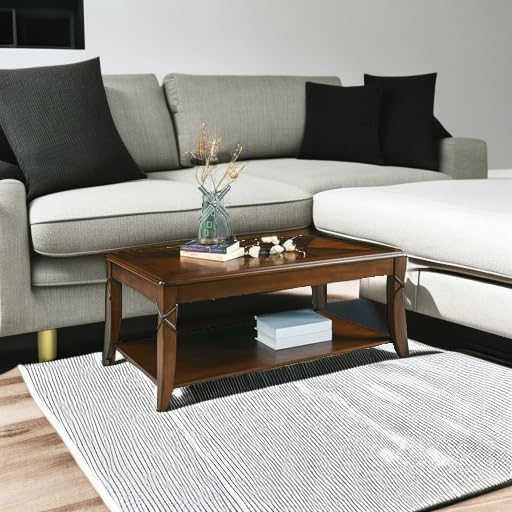 PADMA HOUSE Solid Wood Coffee Table with Shelf, Vintage Rectangle Cocktail Table with Dual Hourglass Tabletop, Apartment Center Sofa Table with Curved Legs for Living Room, 43.3 * 23.6 * 17.7in