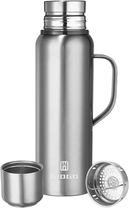 Insulated Vacuum Thermo Bottle 750ml/25.4oz with Cup Stainless Steel Coffee Bottles for Hot and Cold Drink Water Flask.(Silver, with Handle, 750ml)