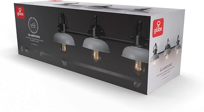 Globe Electric 52065 Gladstone 5-Piece All-In-One Bathroom Set, Matte Black, 3-Light Vanity Light with Matte Gray Metal Shades, Towel Bar, Towel Ring, Robe Hook, Toilet Paper Holder