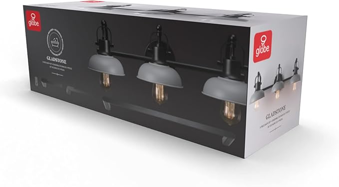 Globe Electric 52065 Gladstone 5-Piece All-In-One Bathroom Set, Matte Black, 3-Light Vanity Light with Matte Gray Metal Shades, Towel Bar, Towel Ring, Robe Hook, Toilet Paper Holder