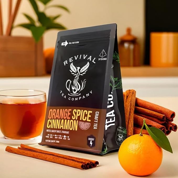 Revival Tea Company Orange Spice Black Tea Bags – Cinnamon Orange Tea Blend with Real Citrus Peel – Caffeinated Herbal-Infused Tea for Energy & Immune Support – Bold Spiced Flavor (24 Count)
