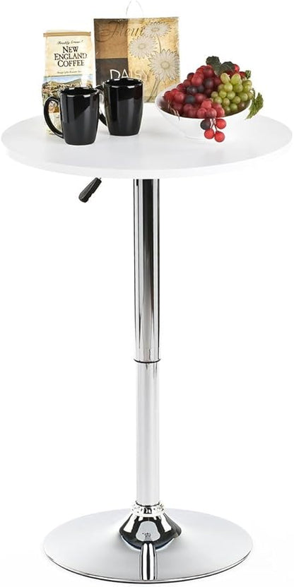 Displays2go Height Adjustable Bar Table, 23.5-inch Round Pub Table with 360-degree Rotation, Aluminum & MDF (White)