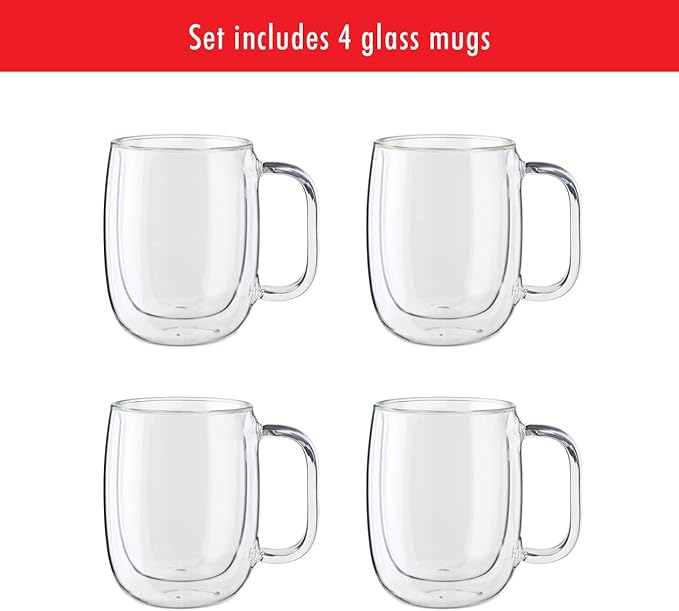 ZWILLING Sorrento Plus 4-pc Double Wall Glass Coffee Mugs, Insulated Coffee Mug, Clear