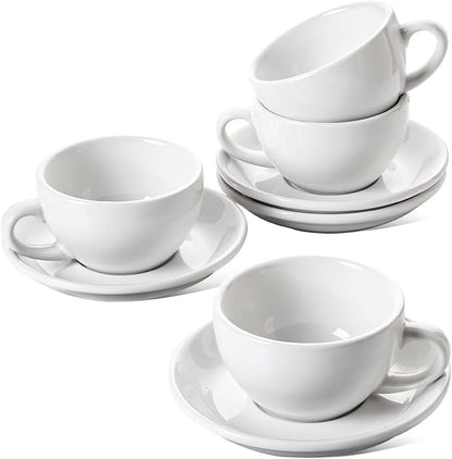 LE TAUCI 8 oz Cappuccino Cups with Saucers,Ceramic Large Coffee Cup for Au Lait, Double shot, Latte, Cafe Mocha, Tea - Set of 4, White