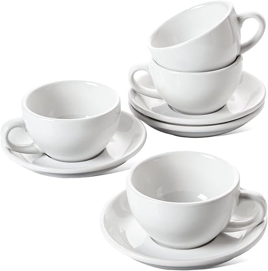 LE TAUCI 8 oz Cappuccino Cups with Saucers,Ceramic Large Coffee Cup for Au Lait, Double shot, Latte, Cafe Mocha, Tea - Set of 4, White