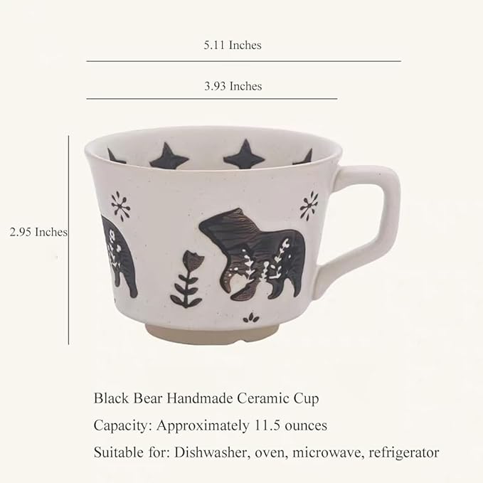 Ceramic Coffee Mug, 12 oz Mug Black Bear Set of 1, Novelty Cup with Handle, Stoneware Fun Cup for Coffee Milk Tea Mocha Latte Cappuccino Espresso Adorable Bear, Microwave Dishwasher Safe