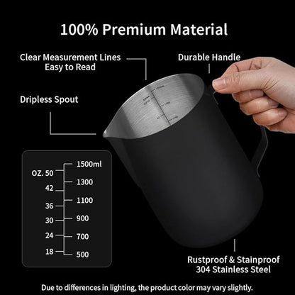 watchget Milk Frothing Pitcher 50oz/1500ml - Stainless Steel Espresso Steaming Pitcher for Cappuccino, Latte Art, Coffee Machine Accessories Milk Jug Frother Cup, Black