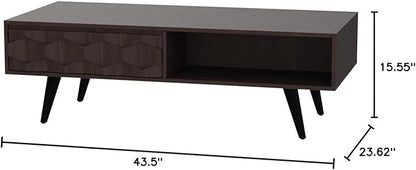 Bme Georgina Solid Wood Coffee Tables for Living Room, Coffee Table Mid Century Modern with 2 Symmetrical Storage Drawers & Geometric Details, Fully Assembled Center Table, Walnut