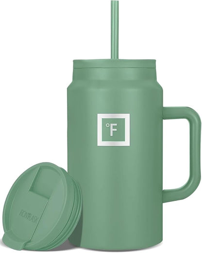 IRON °FLASK Co-Pilot Insulated Mug w/Straw & Flip Cap Lids - Cup Holder Bottle for Hot, Cold Drink - Leak-Proof - Water, Coffee Portable Travel Mug - Sage, 50 Oz
