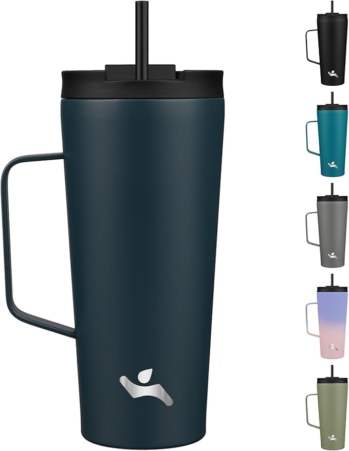 Insulated Tumbler with Handle and Straw, 22 OZ Travel Coffee Mug Stainless Steel Cup Metal Water Bottle,Navy Blue