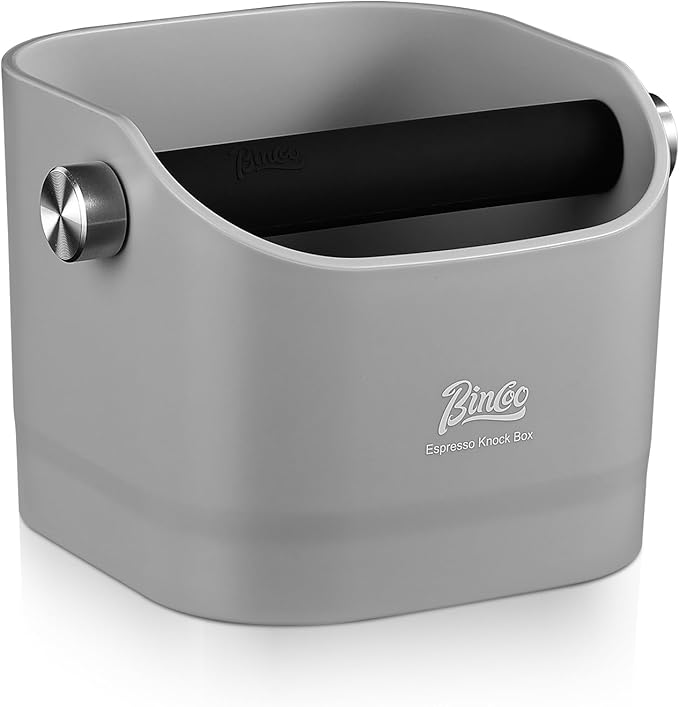Espresso Knock Box - Bincoo Espresso Machine Knock Box/Espresso Grounds Knock Box, Barista Style Coffee Knock Box for Grounds with Removable Shock-Absorbent Knock Bar and Anti-Slip Base. (Grey)