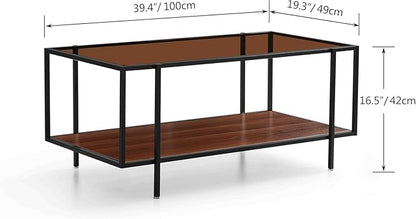 Shrine Glass Coffee Table, Modern Design, Dual-Layer Coffee Table for Living Room, Black-Plated Metal Frame, Brown Glass Top, Walnut Wood Panels