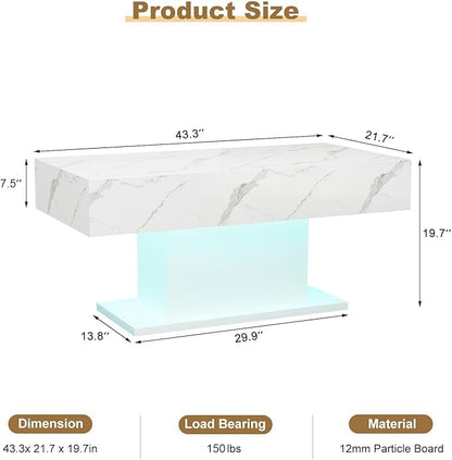 Led Coffee Table for Living Room, Living Room Table Rectangular Center Table, Modern High Glossy Wooden Coffee Tables with 16 Colors LED Lights for Dining Reception Room, White Marble