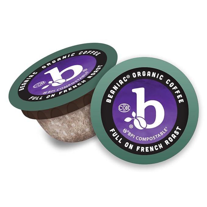 beaniac Organic Full On French Roast, Dark Roast, Single Serve Compostable K Cup Coffee Pods, Organic Arabica Coffee, Keurig Brewer Compatible, 72 Count