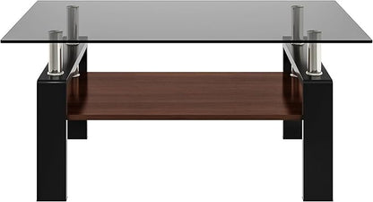 Glass Coffee Table Rectangle Living Room Center Table, with Gray Tempered Glass Tabletop and Brown MDF Layer,for Living Room and Office, Gray+Brown