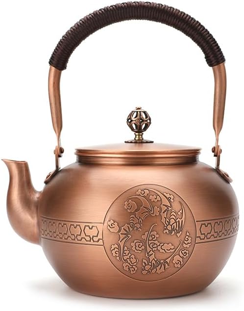 KunwuShan KWS Handmade Copper Teapot, 1.5mm Thick, 1600ml, Red, No Coating, Pure Copper, Large Size, With Lid