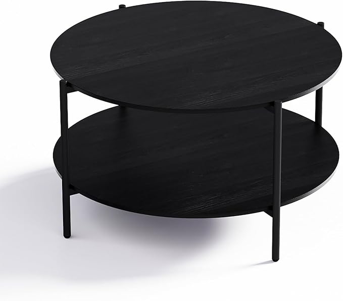 Round Coffee Table, 2-Tier 32.9" Circle Coffee Tables with Storage Wood Rustic Farmhouse Center Circular Coffee Table for Living Room Bedroom Balcony Office - Black