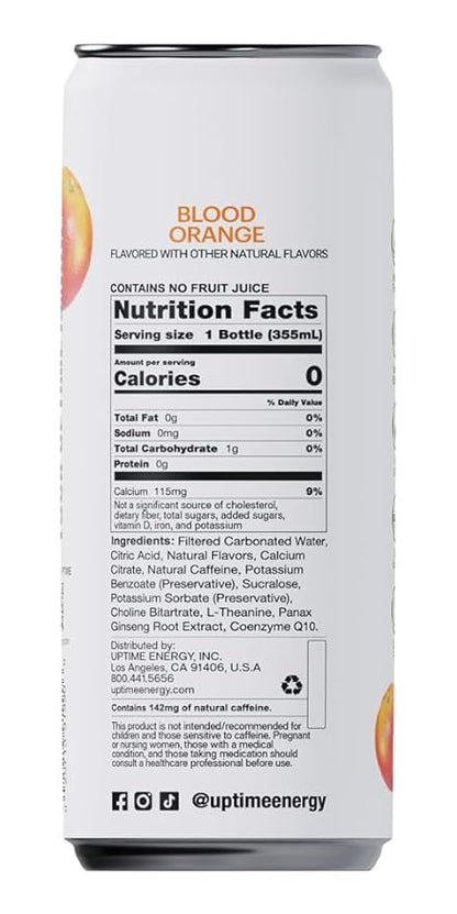 UPTIME Energy Drink, Blood Orange Sparkling, 12 Pack, Vitamin C, L Theanine, Calcium, Sugar Free Energy Drinks for Focus Support, 142mg of Natural Caffeine, 0 Calories, Clean, Natural, 12 fl oz Cans