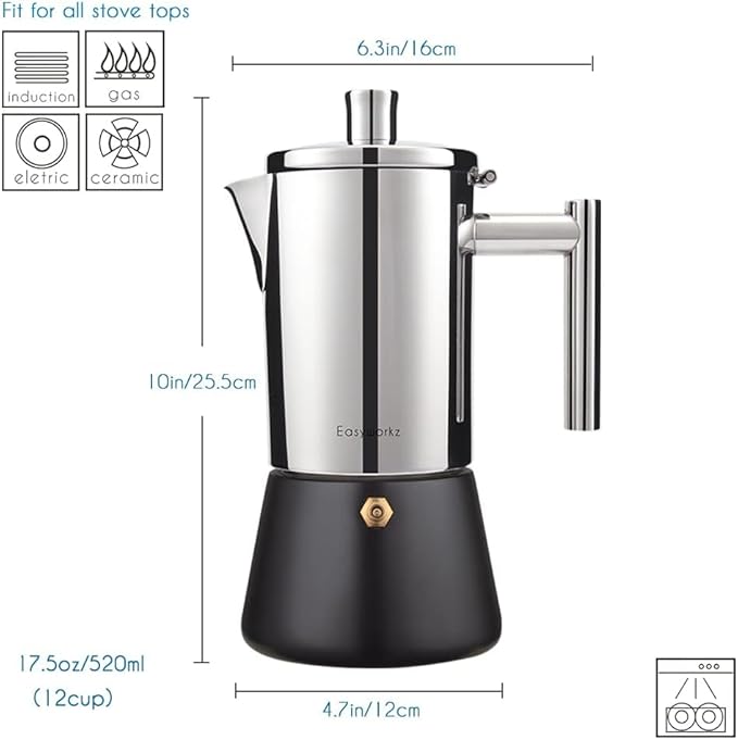 Easyworkz Diego Stovetop Espresso Maker Stainless Steel Italian Coffee Machine Maker 12Cup 17.5 oz Induction Moka Pot