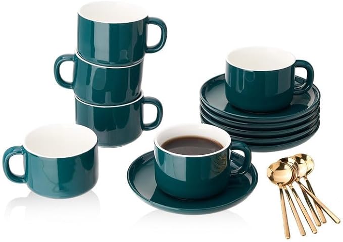 7 oz Coffee Cups with Saucers Spoons - Set of 6 Cappuccino Cups, Dark Green Porcelain Cups Serving for Tea Espresso Latte Mocha