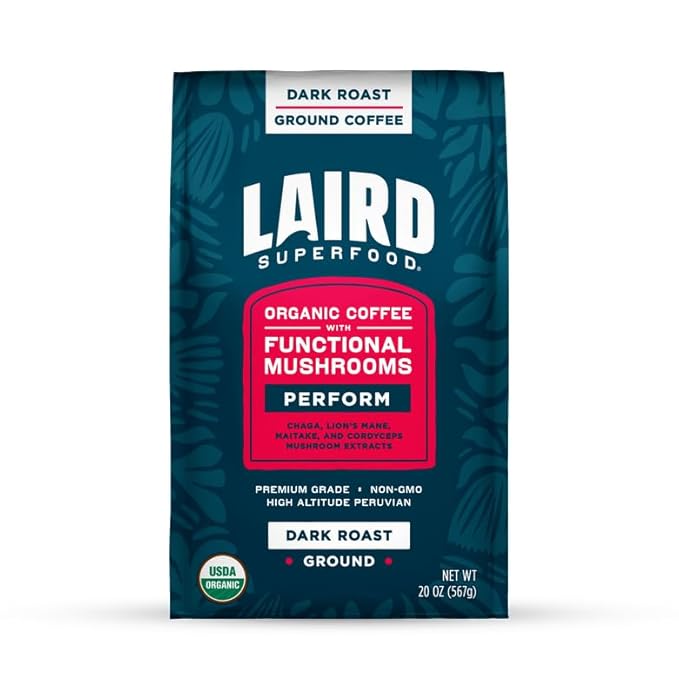 Laird Superfood Peruvian Dark Roast Coffee with Functional Mushrooms, Certified Organic Peruvian Ground Coffee Beans, Gluten-Free, Dairy-Free, Non-GMO, Paleo, Keto Friendly, 20 oz. Bag
