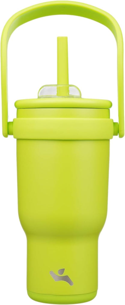 30 oz Tumbler with Side Handle, Insulated Water Bottle with Straw and 2 in 1 Lid, Stainless Steel Cup Travel Coffee Mug for Sports Office Gym,Green