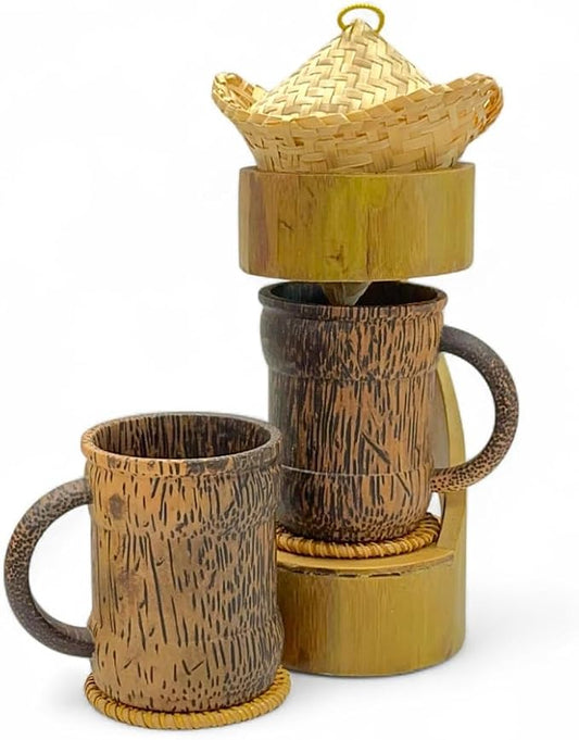 Bamboo Coffee Drip Set, 4" Basket with Lid + 2 Cups and 2 coasters + Bamboo Design Drip Base, Eco-Friendly Pour-Over Coffee Kit, Sustainable Brewing Accessories