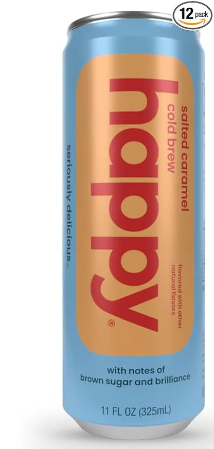happy coffee salted caramel cold brew, 11 oz. cans, 12 pack, notes of brown sugar & brilliance, 100% arabica beans, no artificial flavors or artificial sweeteners