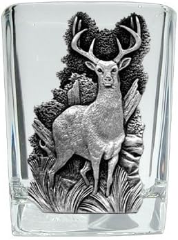 Heritage Pewter Whitetail Deer Square Shot Glass | Hand-Sculpted 1.5 Ounce Shot Glass | Intricately Crafted Metal Pewter Inlay