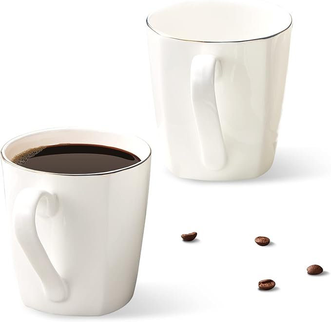 Fine Bone China Coffee Mugs, 10oz White Espresso Cups, Lightweight Tea Cups, Porcelain Coffee Cups Set of 2, Ceramic Mug with Gold Rim for Latte Mocha Cappuccino Women Men, Easy to Hold(Moonlight)