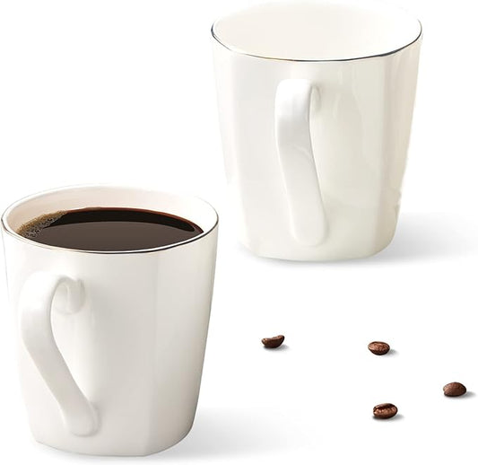 Fine Bone China Coffee Mugs, 10oz White Espresso Cups, Lightweight Tea Cups, Porcelain Coffee Cups Set of 2, Ceramic Mug with Gold Rim for Latte Mocha Cappuccino Women Men, Easy to Hold(Moonlight)