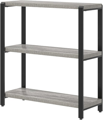 FOLUBAN 3 Tier Bookshelf, Industrial Wood and Metal Book Shelf and Bookcase, Short Book Case for Office Living Room Bedroom, Light Grey