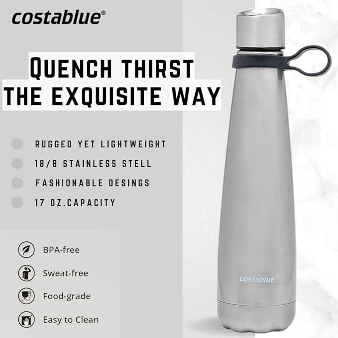 Insulated Water Bottle - On-The-Go Refillable Stainless Steel Water Bottles For Adults, Reusable Thermos Travel Tumbler With Leak-proof Lid For Hot & Cold Beverages (17Oz. Stainless Steel)