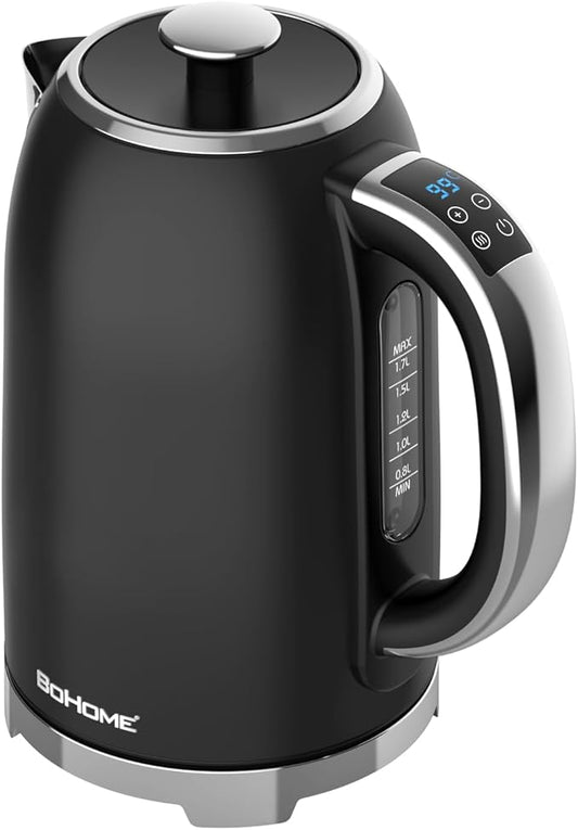Electric Kettle, 1.7L/1500W, Stainless Steel, Digital Touch Panel, Keep Warm Function, Auto Shutoff, BPA-Free, Hot Water Kettle for Coffee & Tea, No Plastic Contact with Water (Black)