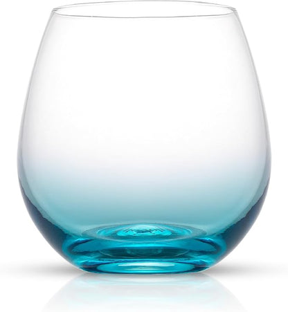 JoyJolt Hue Stemless Wine Glass Set, Large 15 oz Stemless Wine Glasses Set of 6 for White Red or Water, Short Glass Tumblers, No Stem Margarita Glasses, Colored Tumbler
