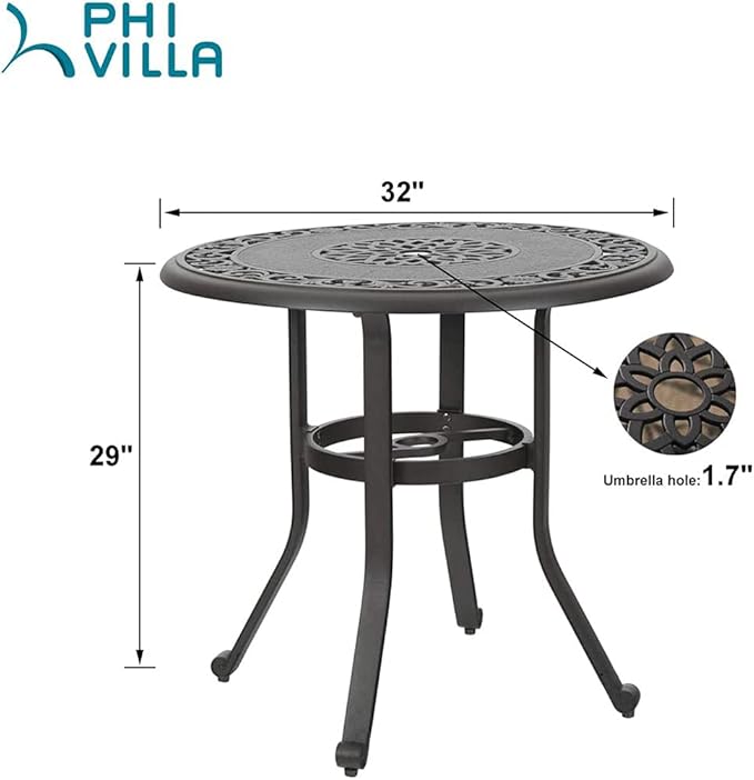 PHI VILLA 32 in Cast Aluminum Patio Outdoor Bistro Round Dining Table with Frosted Surface